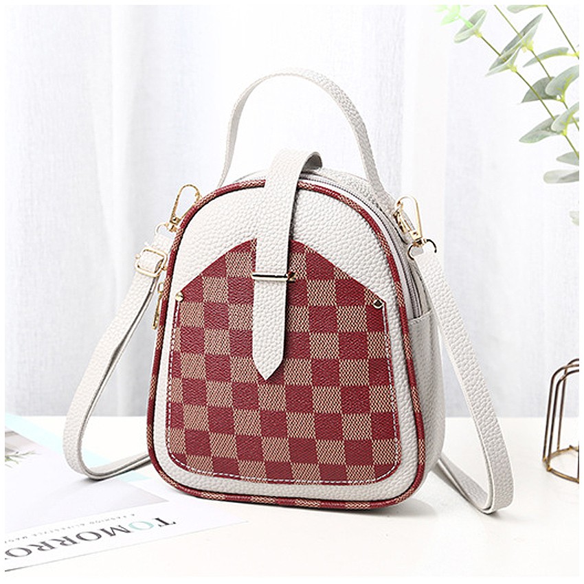 KW80829 Women's Checker Sling Bag Grey Brown Square